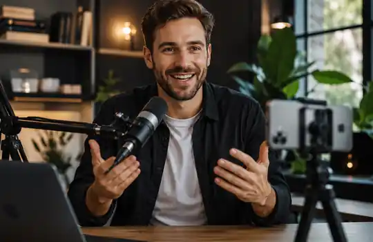 Male UGC creator recording a live-style video with a smartphone and studio microphone